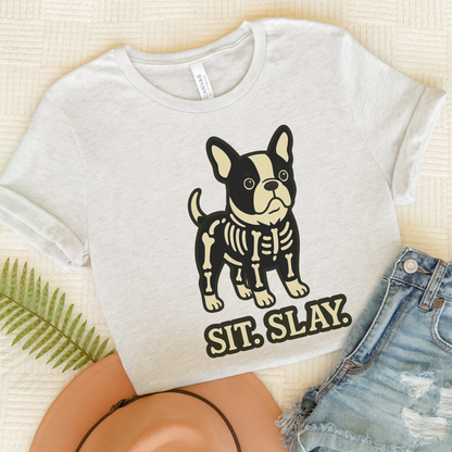 Piebald French Bulldog Stay. Slay. Halloween TShirt