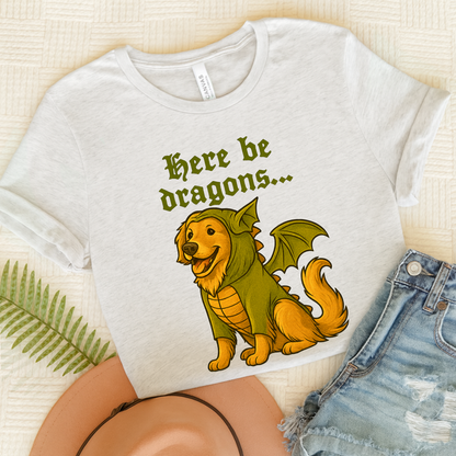 Golden Retriever Here Be Dragons TShirt Ash