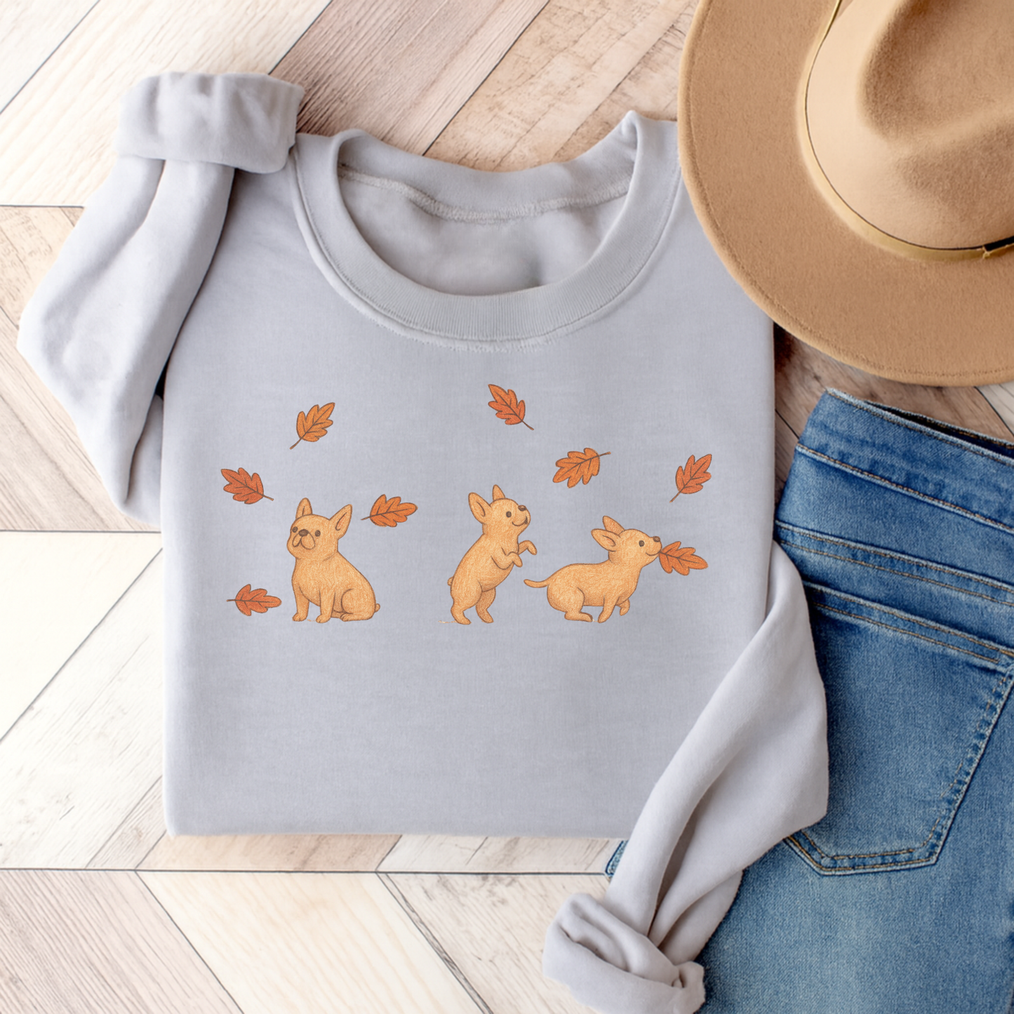 Fawn Frenchie Chasing Leaves Sweatshirt Ash