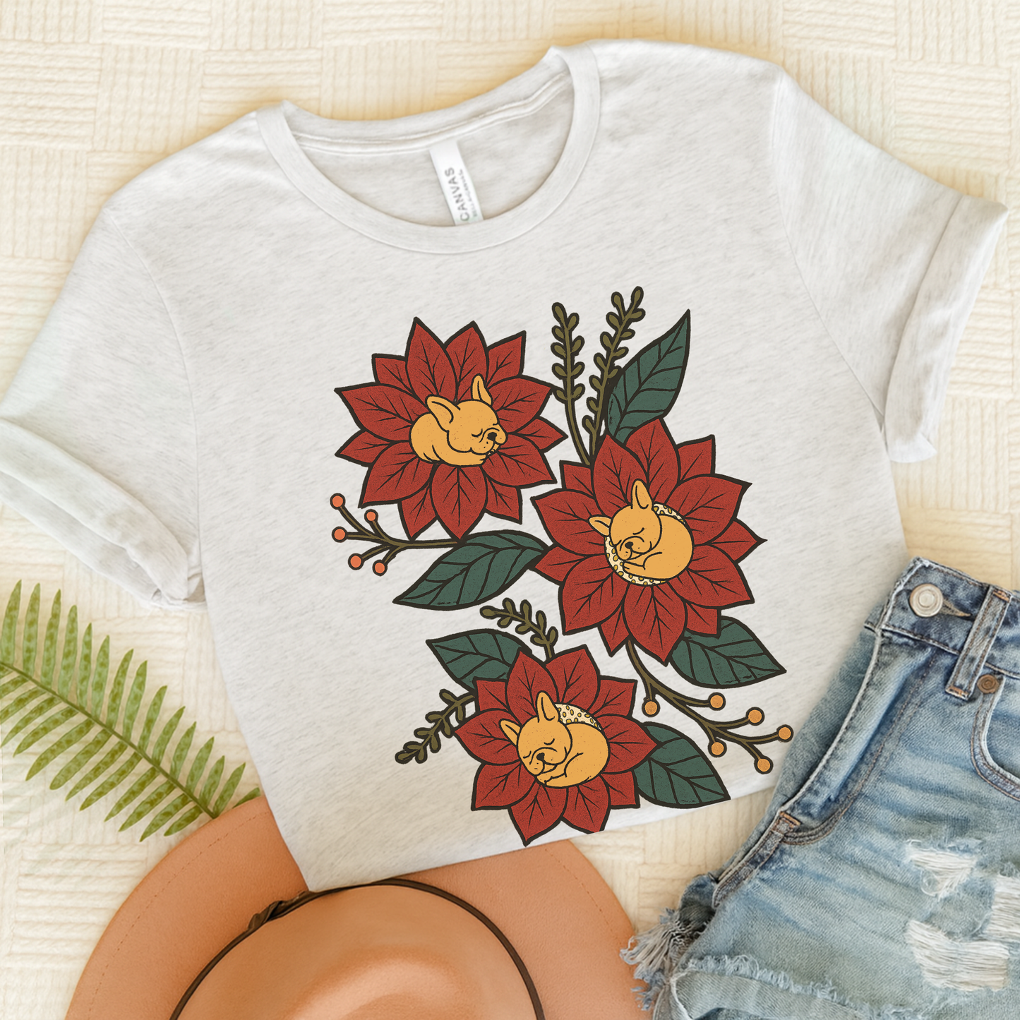 Fawn Frenchie Holiday Flowers Sleeping TShirt Ash