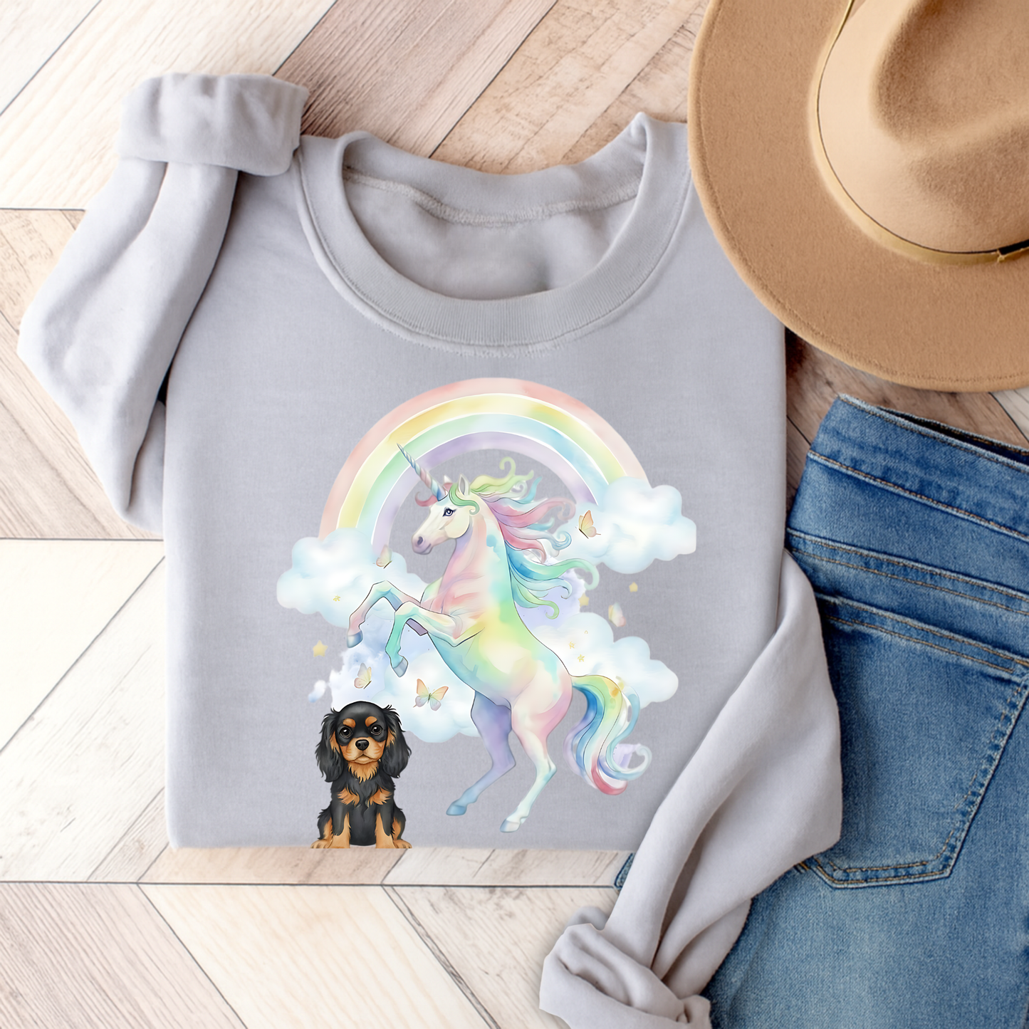 Black Tan Cavalier Watercolor Unicorn Sweatshirt Ash