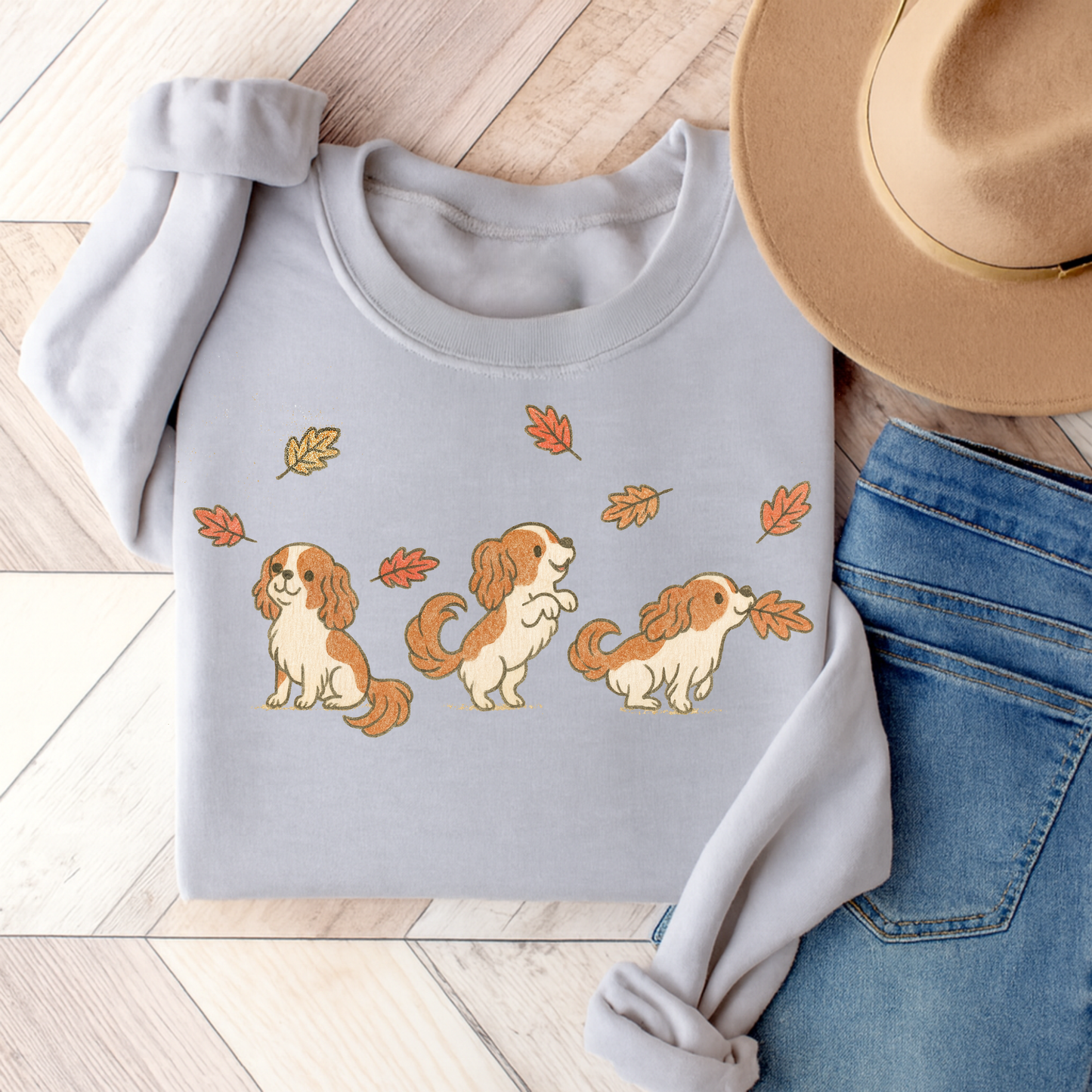 Blenheim Cavalier Chasing Leaves Sweatshirt Ash