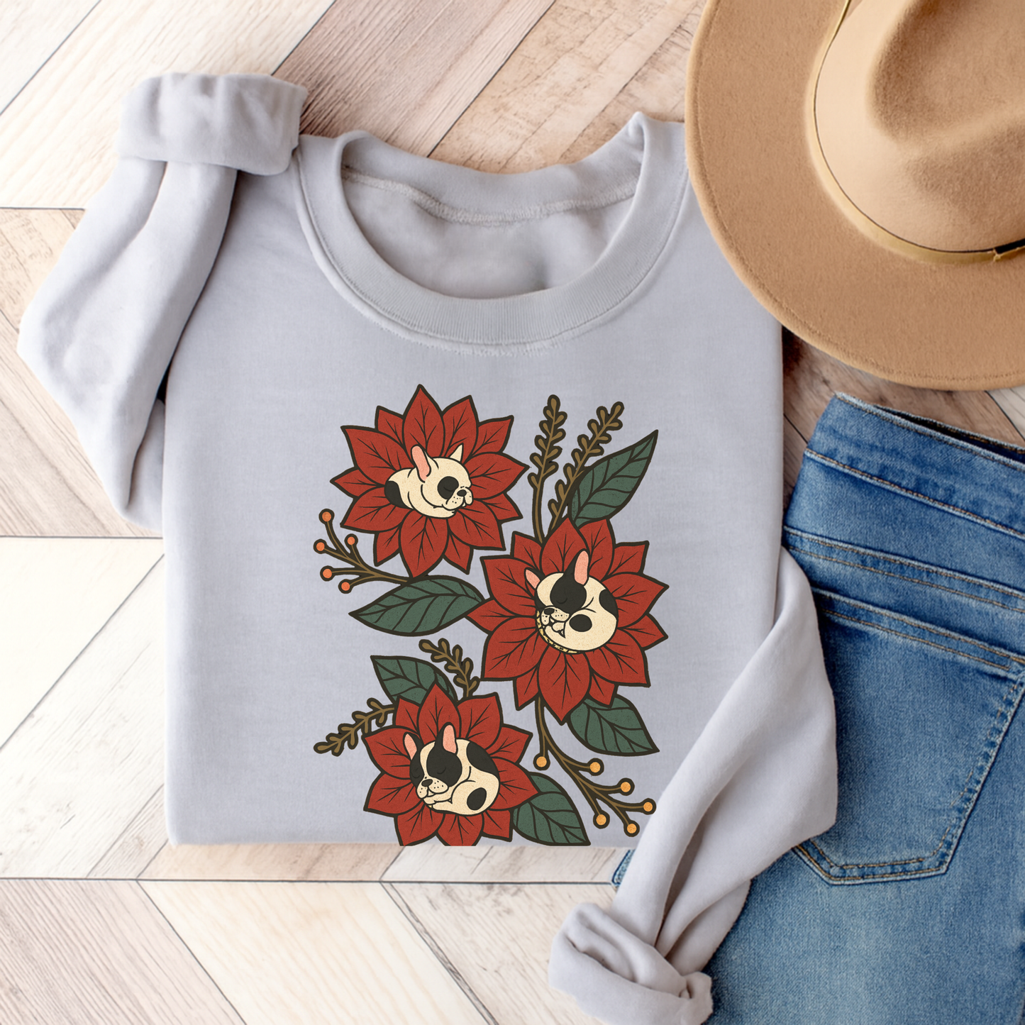 Piebald Frenchie Christmas Flower Sweatshirt Ash