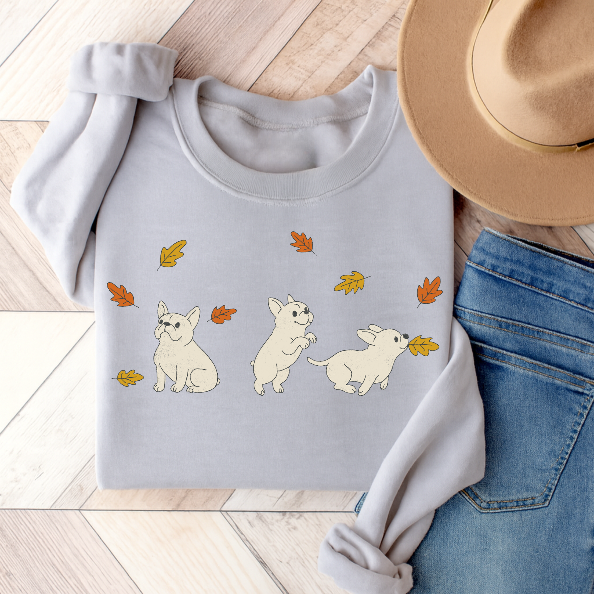 White Frenchie Chasing Leaves Sweatshirt Ash