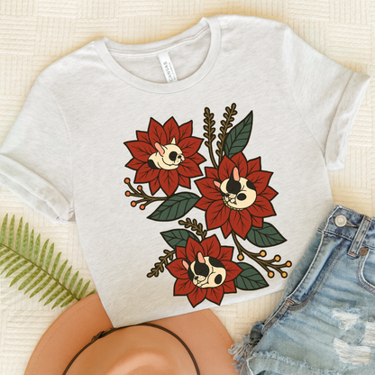 Piebald Frenchie Holiday Flowers Sleeping TShirt Ash