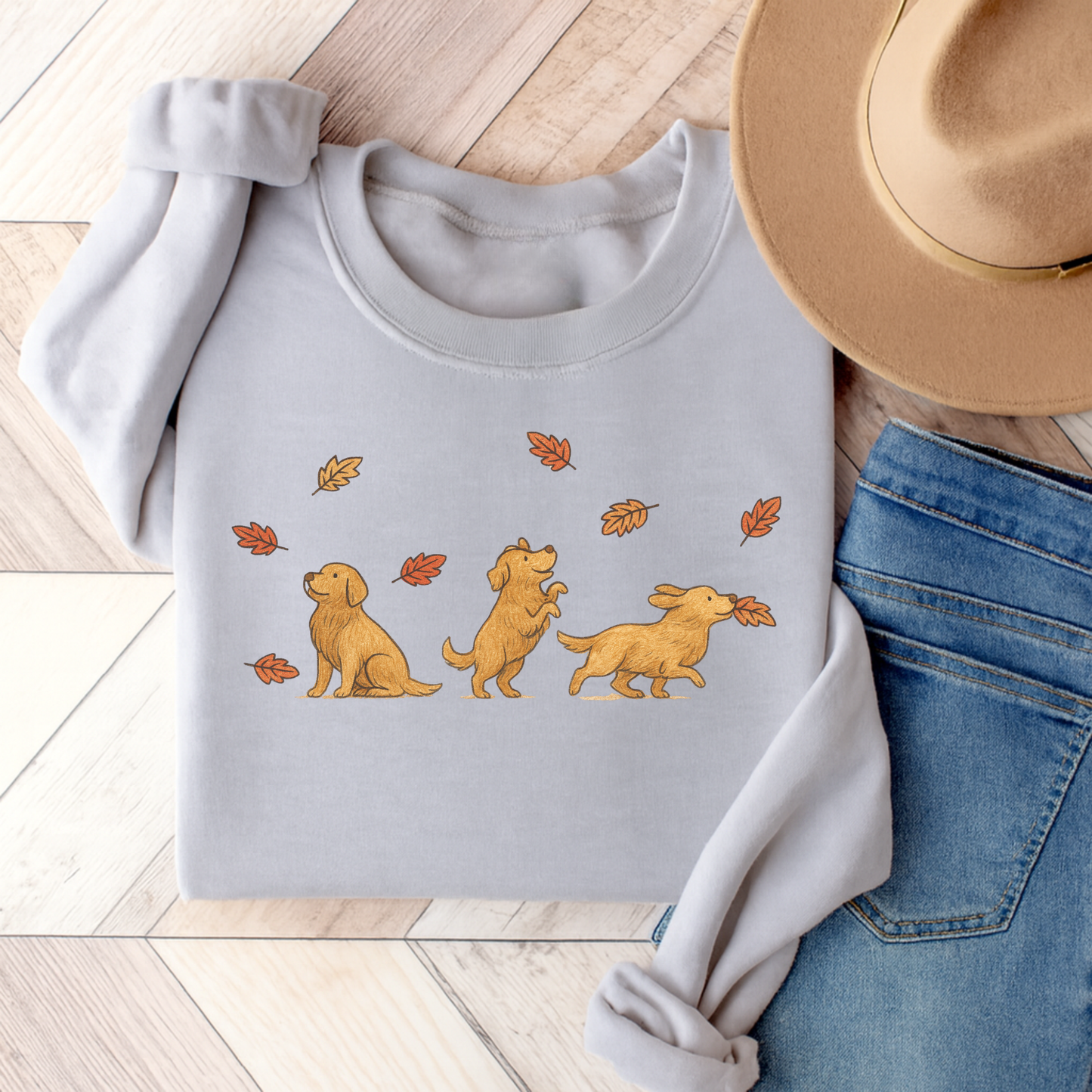 Golden Retriever Chasing Leaves Sweatshirt Ash