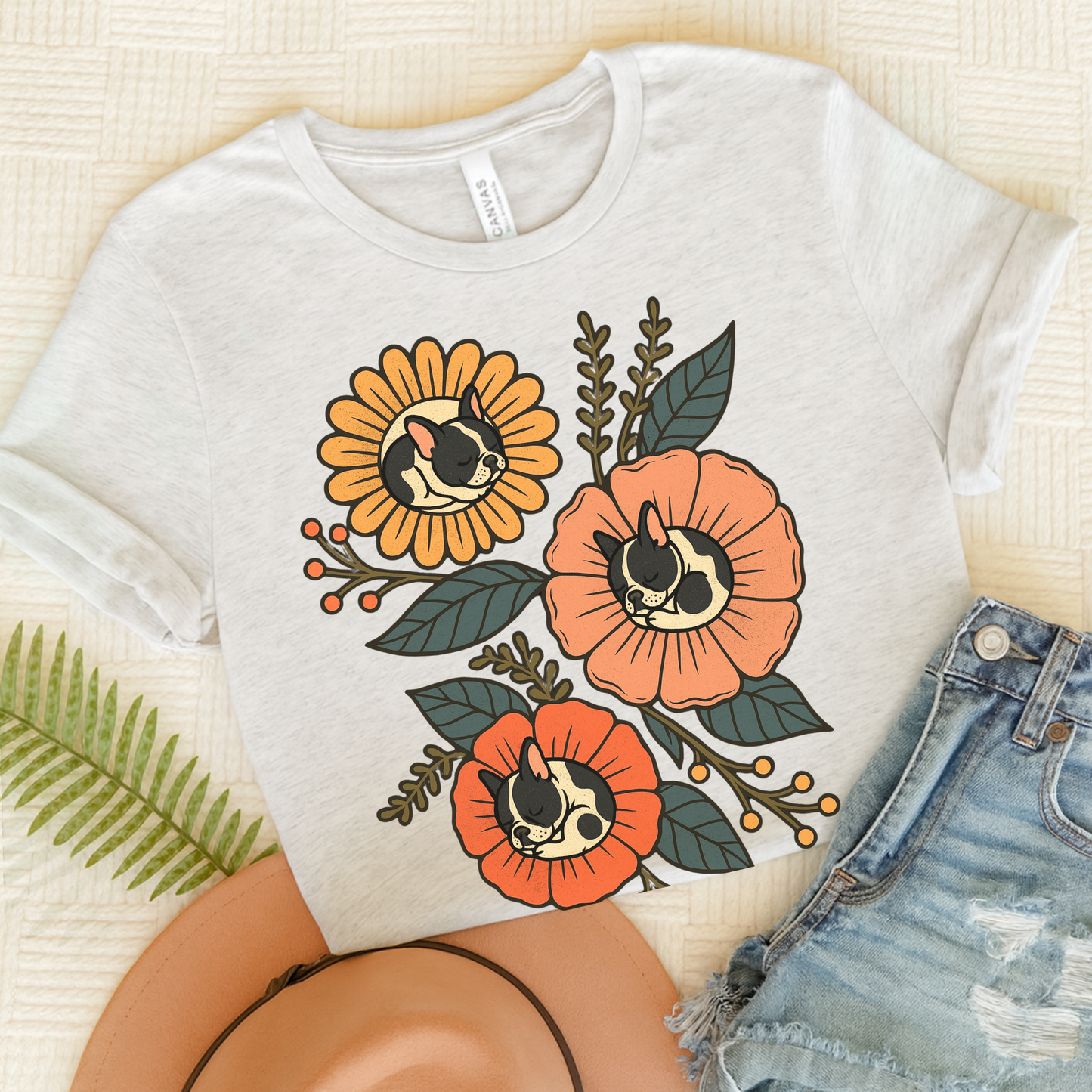 Piebald Frenchie Sleeping Flowers TShirt Ash