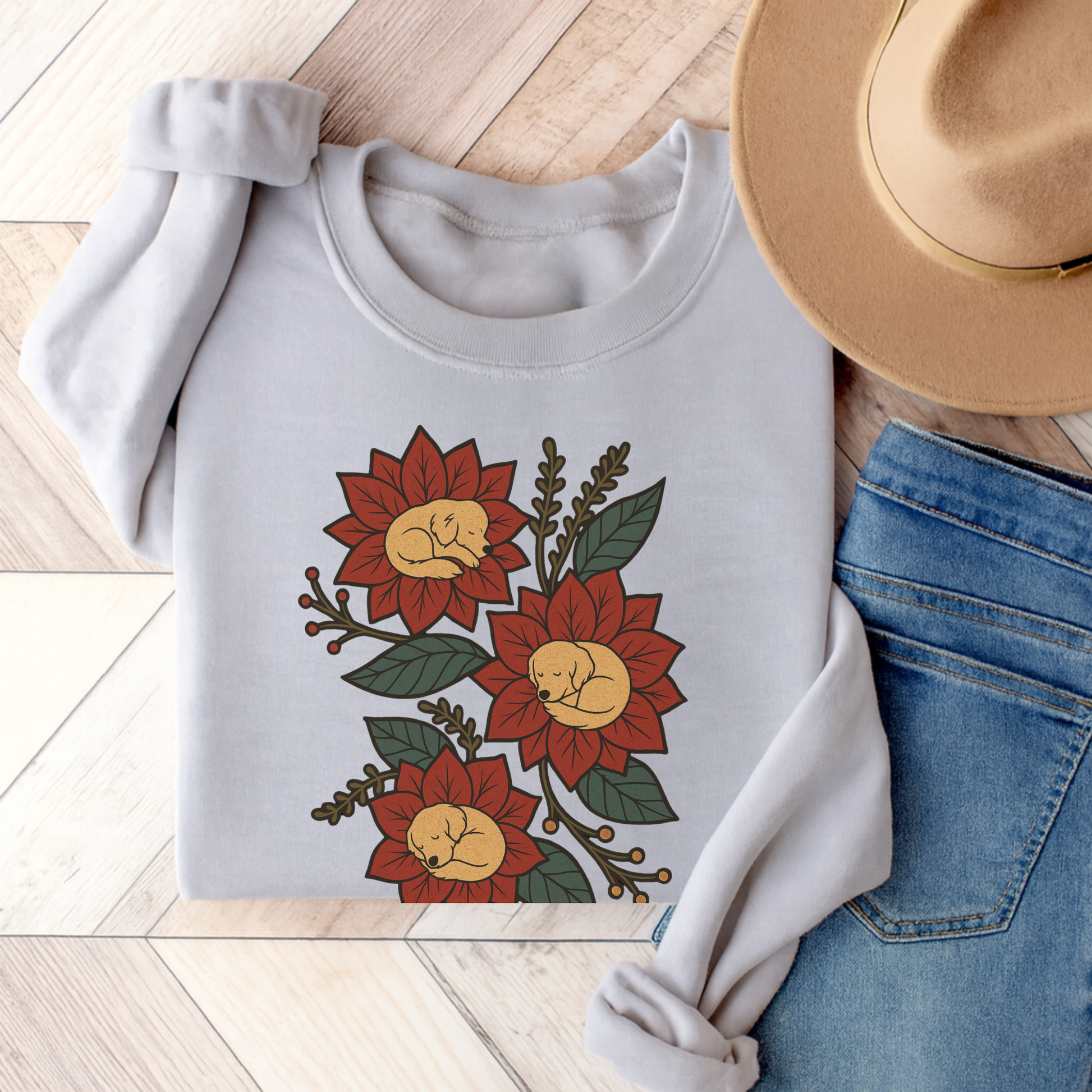 Golden Retriever Christmas Flower Sweatshirt Ash