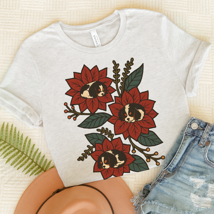 Tricolor Cavalier Holiday Flowers Sleeping TShirt Ash