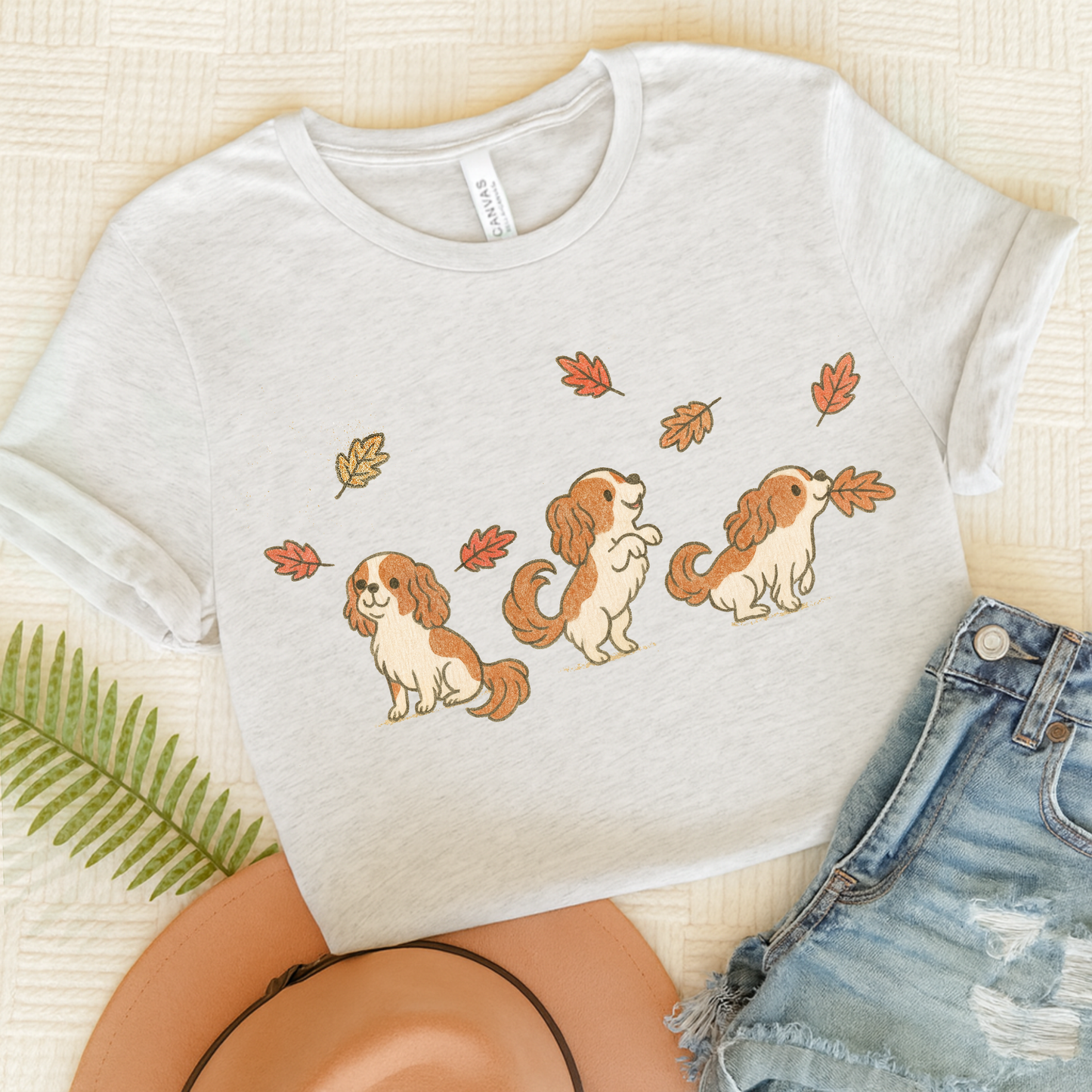 Blenheim Cavalier Chasing Leaves TShirt Ash