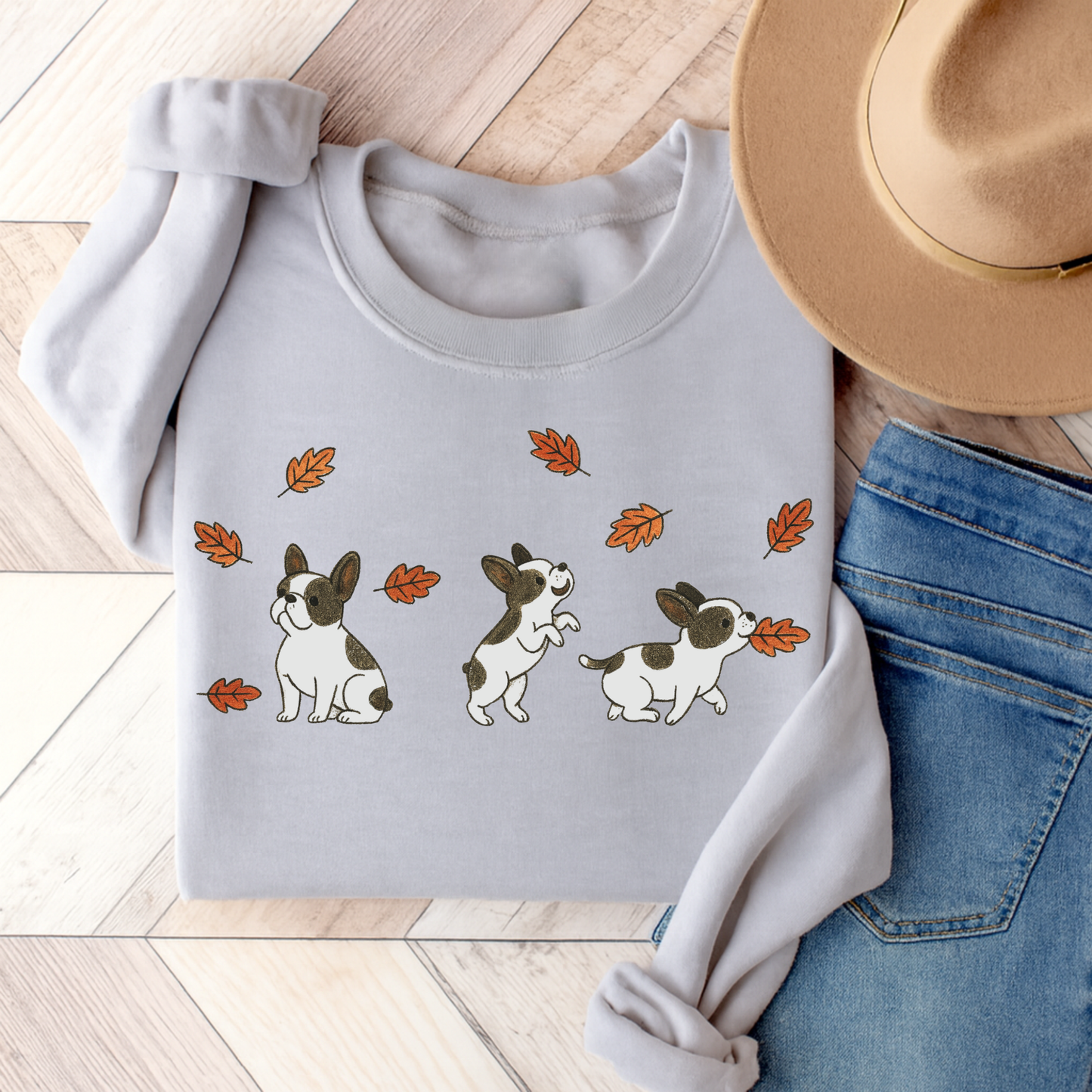 Piebald Frenchie Chasing Leaves Sweatshirt