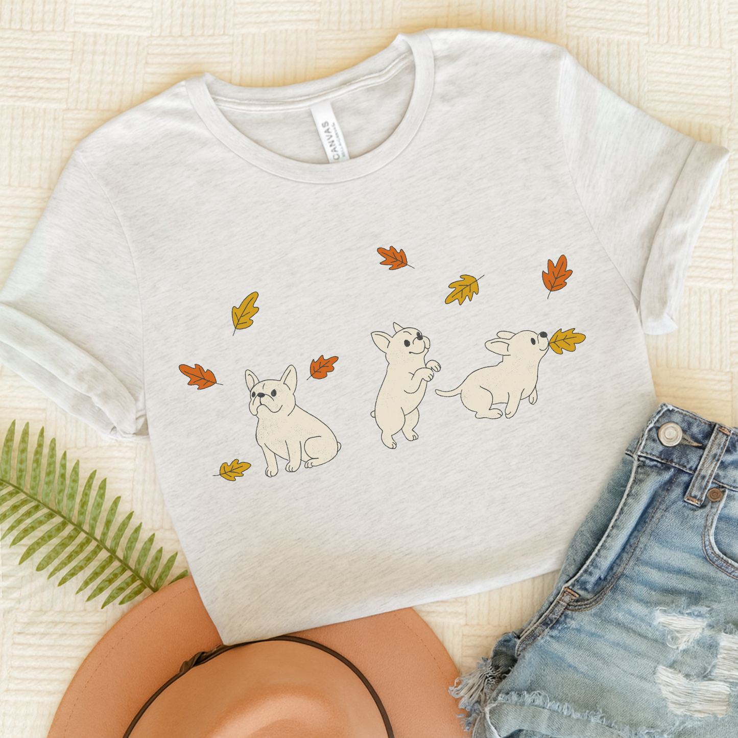 White Frenchie Chasing Leaves TShirt Ash