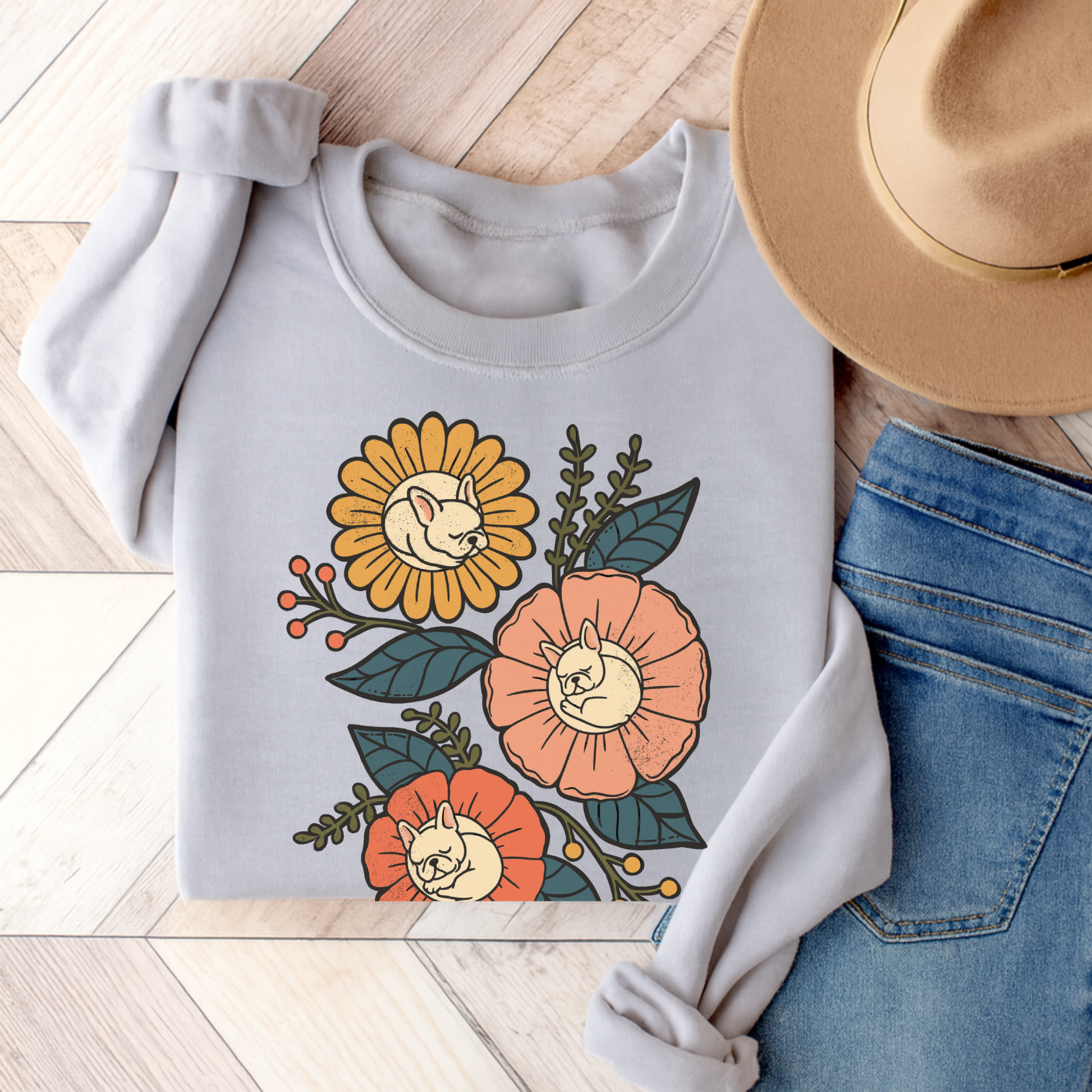 White Frenchie Sleeping Flowers Sweatshirt Ash