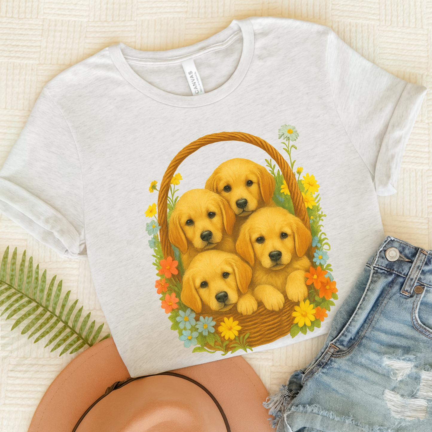 Puppy Basket Golden Retriever Tshirt Ash