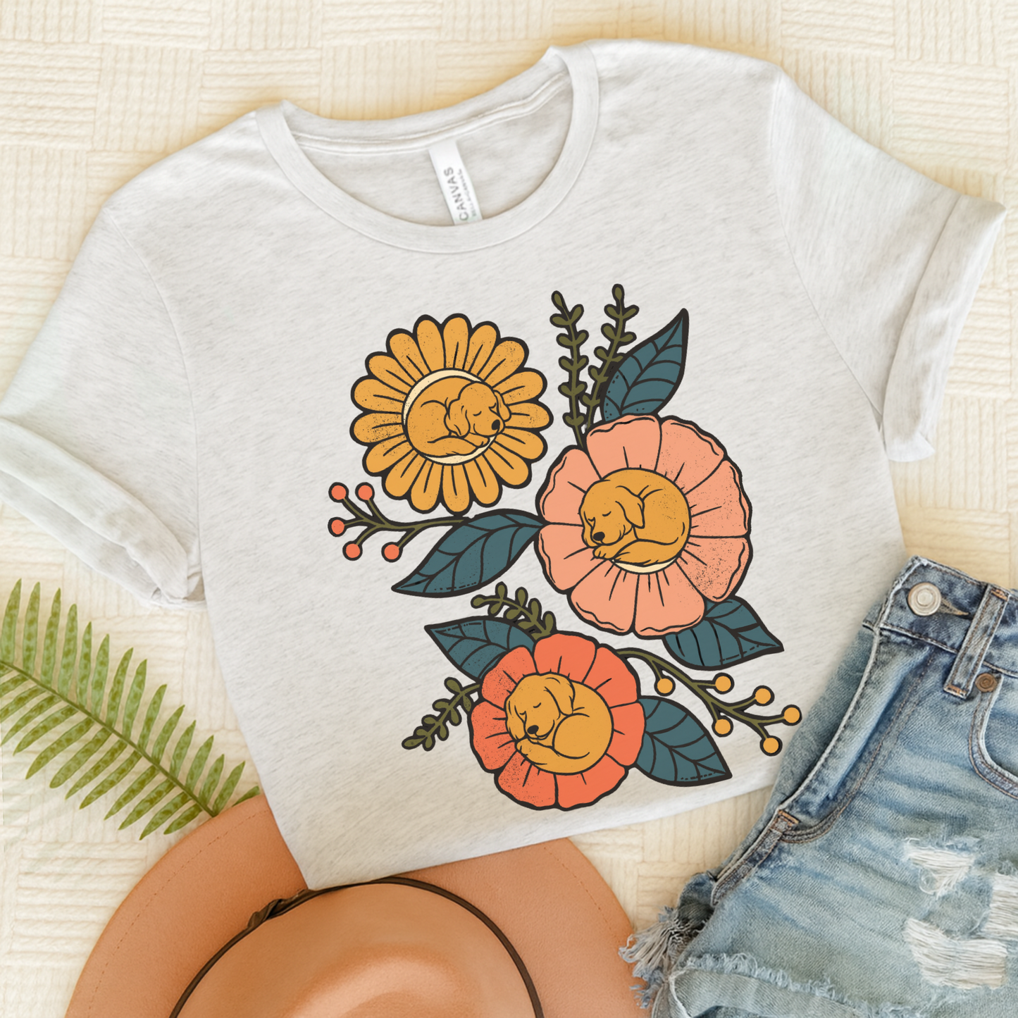 Golden Retriever Sleeping Flowers TShirt Ash