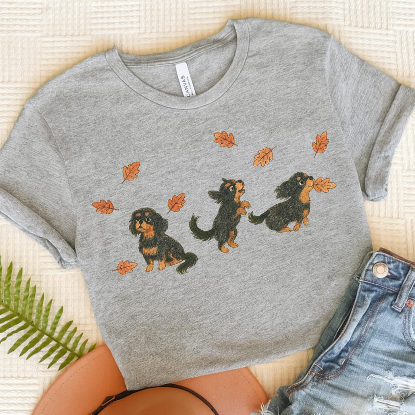 Black Tan Cavalier Chasing Leaves TShirt Athletic Heather