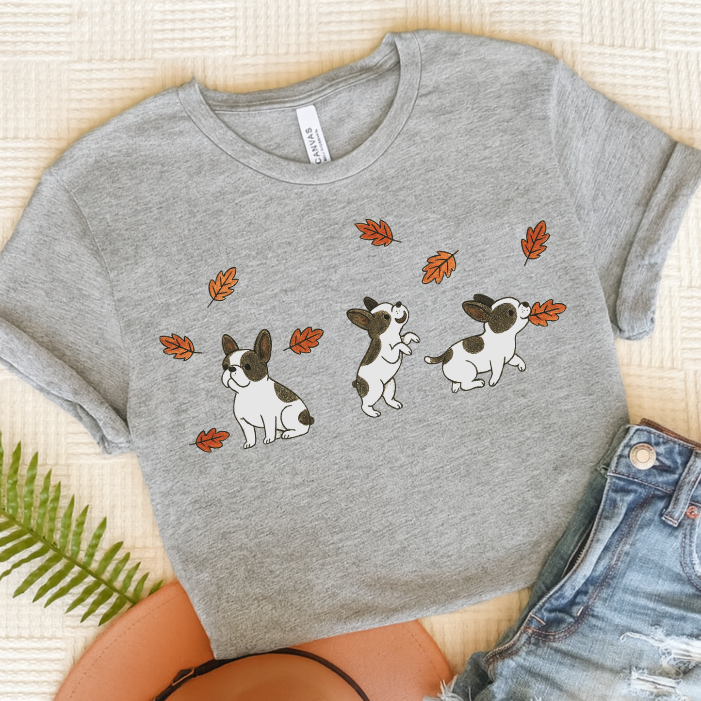 Piebald Frenchie Chasing Leaves TShirt Athletic Heather