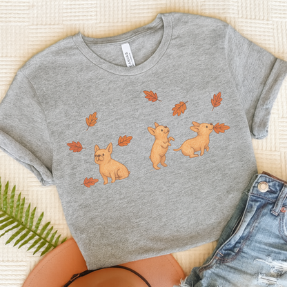 Fawn Frenchie Chasing Leaves TShirt Athletic Heather