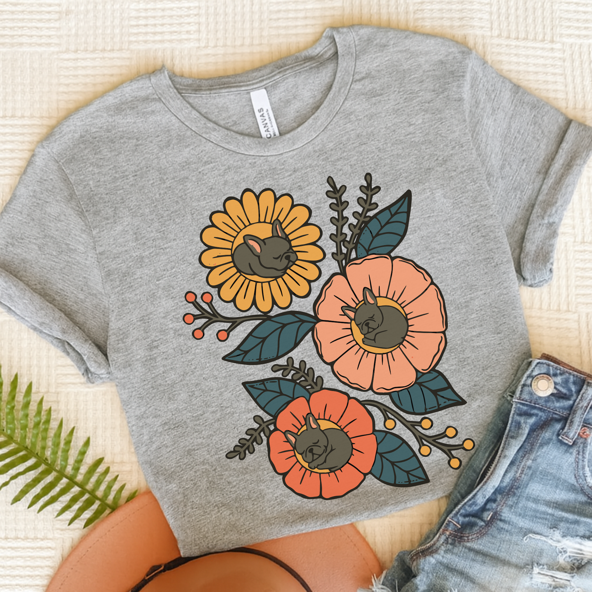 Black Frenchie Sleeping Flowers TShirt Athletic Heather