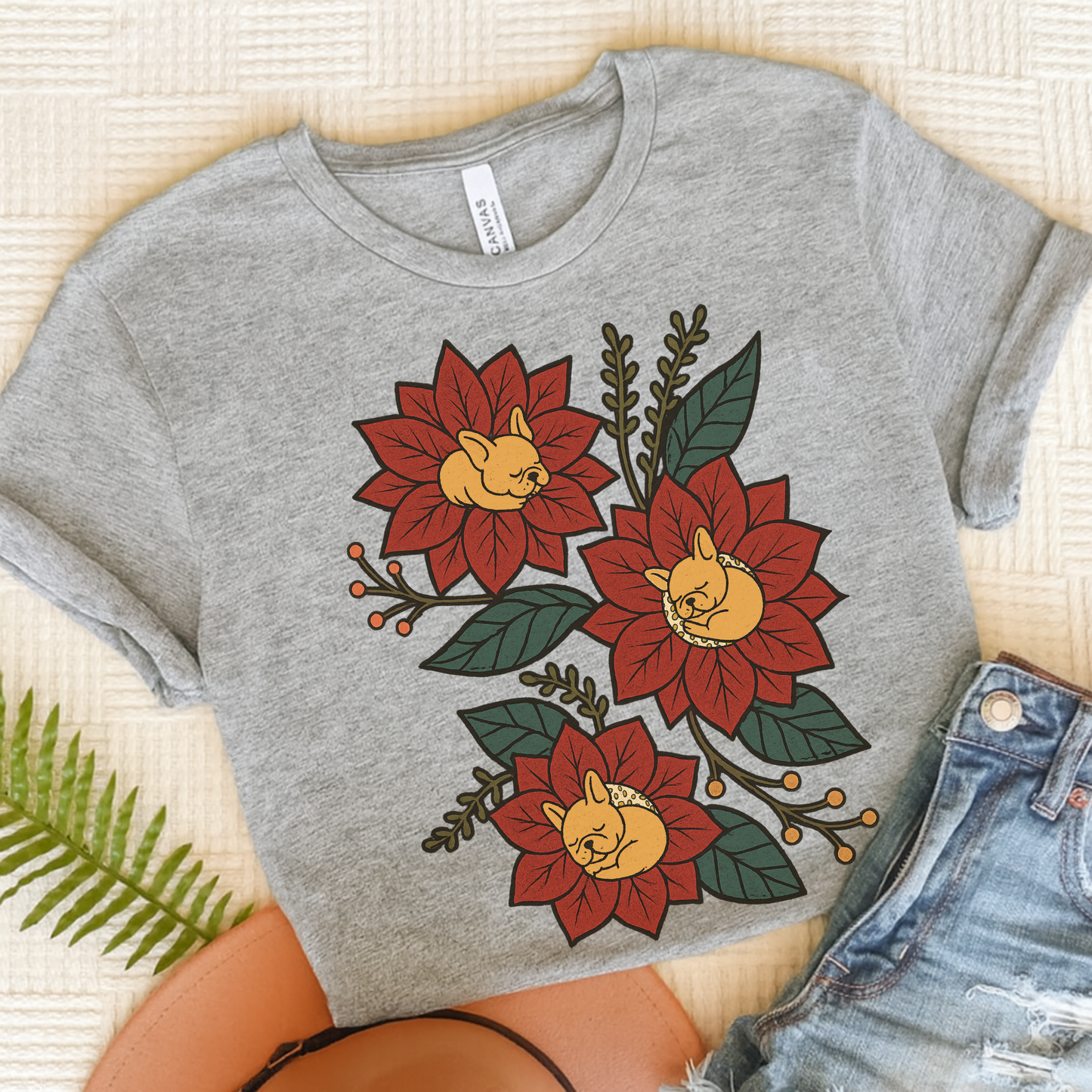 Fawn Frenchie Holiday Flowers Sleeping TShirt Athletic Heather