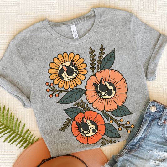 Piebald Frenchie Sleeping Flowers TShirt Athletic Heather