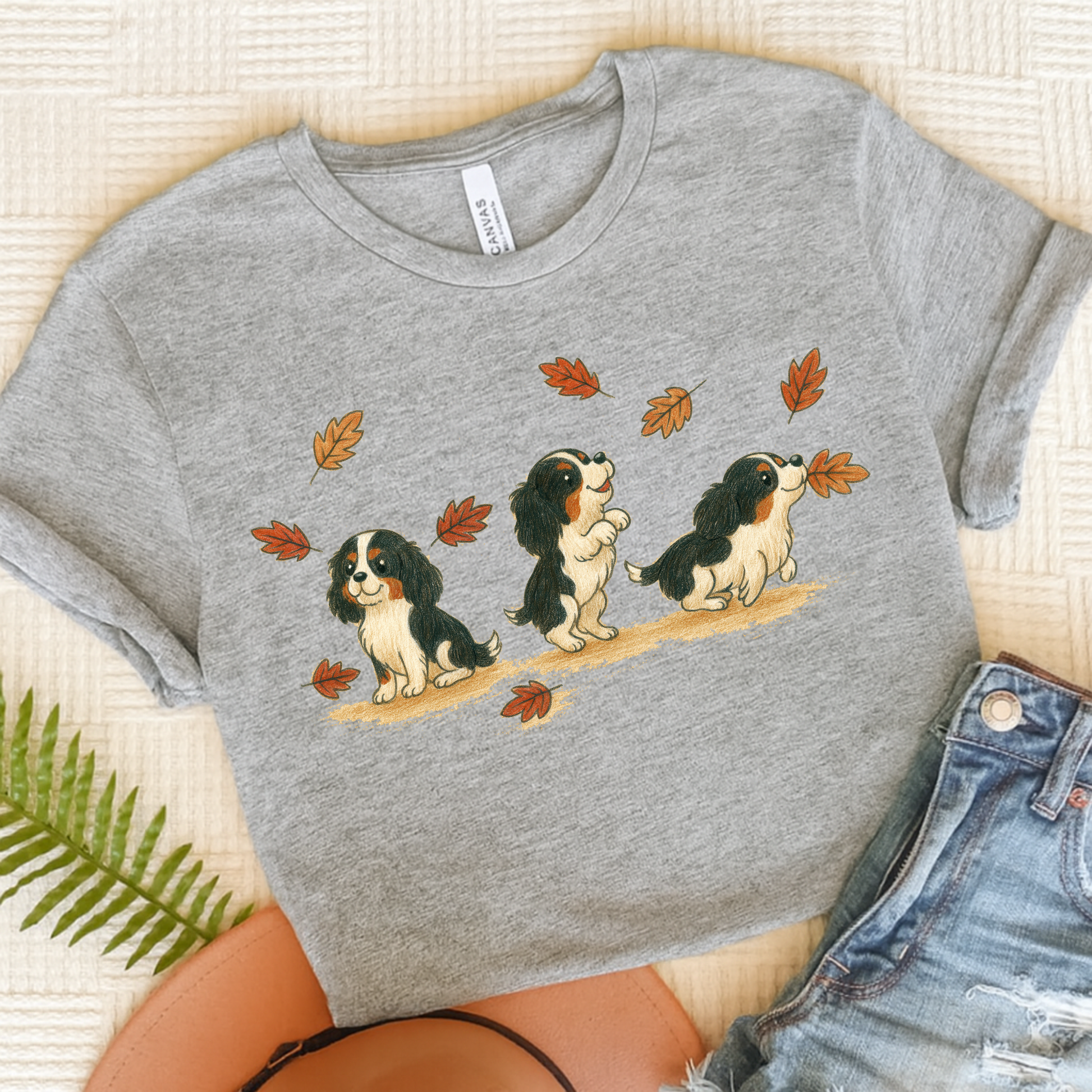 Tricolor Cavalier Chasing Leaves TShirt Athletic Heather