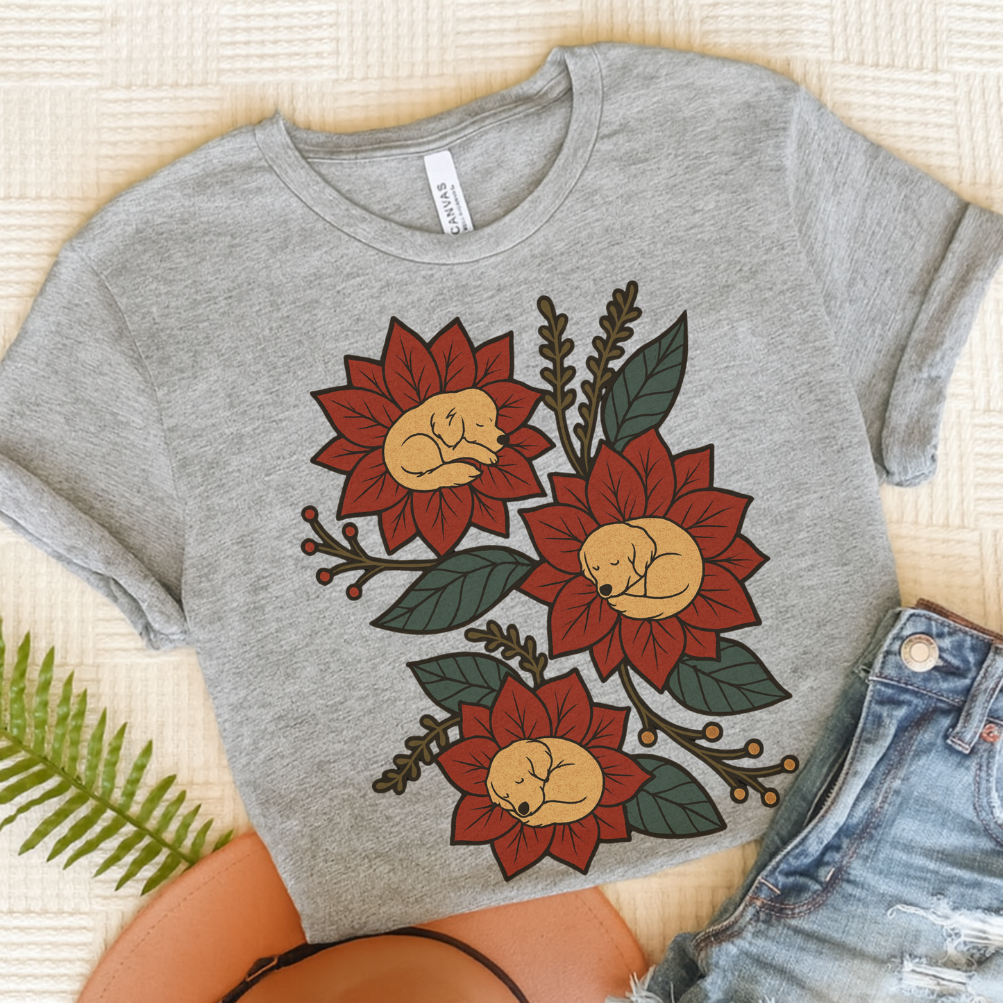 Golden Retriever Holiday Flowers Sleeping TShirt Athletic Heather