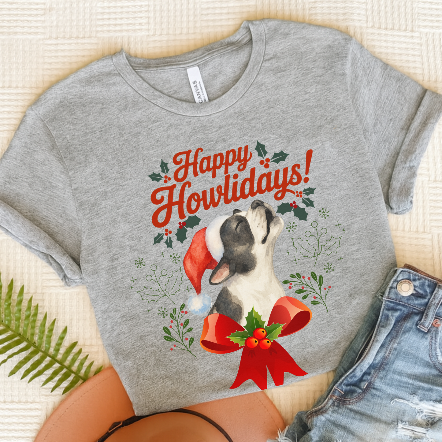 Piebald French Bulldog Happy Howlidays TShirt