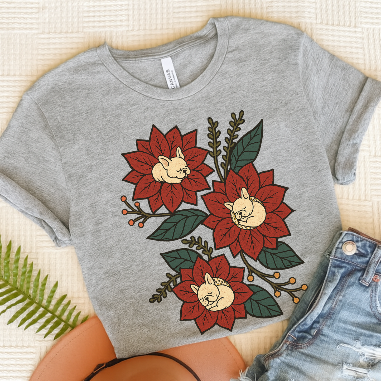 White Frenchie Holiday Flowers Sleeping TShirt Athletic Heather