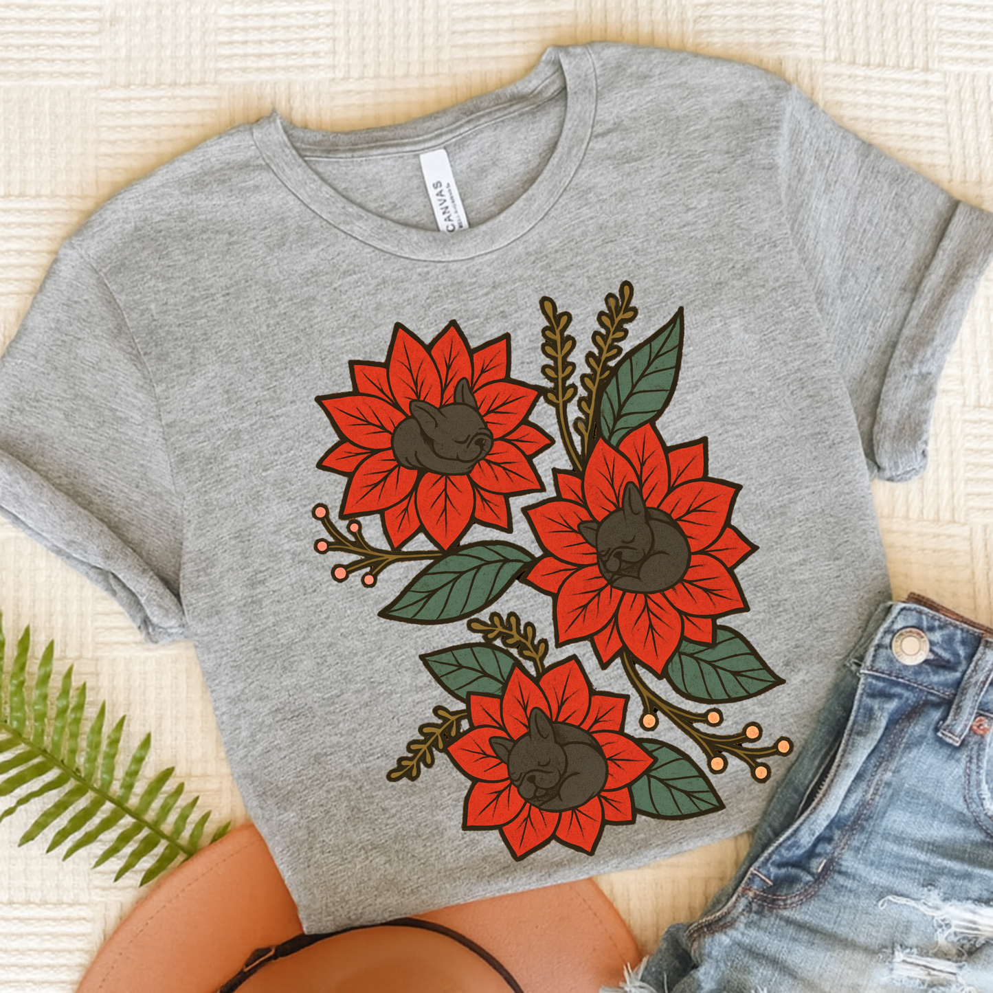 Black Frenchie Holiday Flowers Sleeping TShirt Athletic Heather