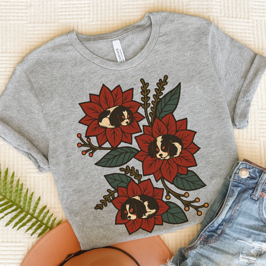 Tricolor Cavalier Holiday Flowers Sleeping TShirt Athletic Heather
