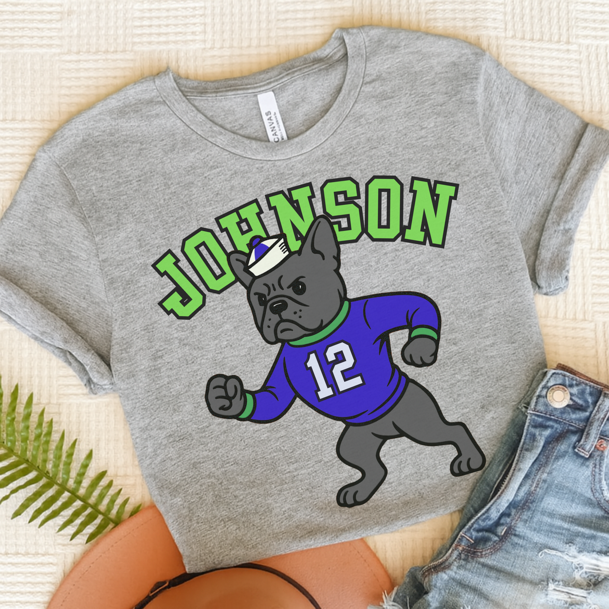 Black Frenchie College Mascot TShirt Athletic Heather