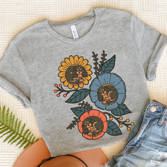 Black Tan Cavalier Sleeping Flowers TShirt Athletic Heather