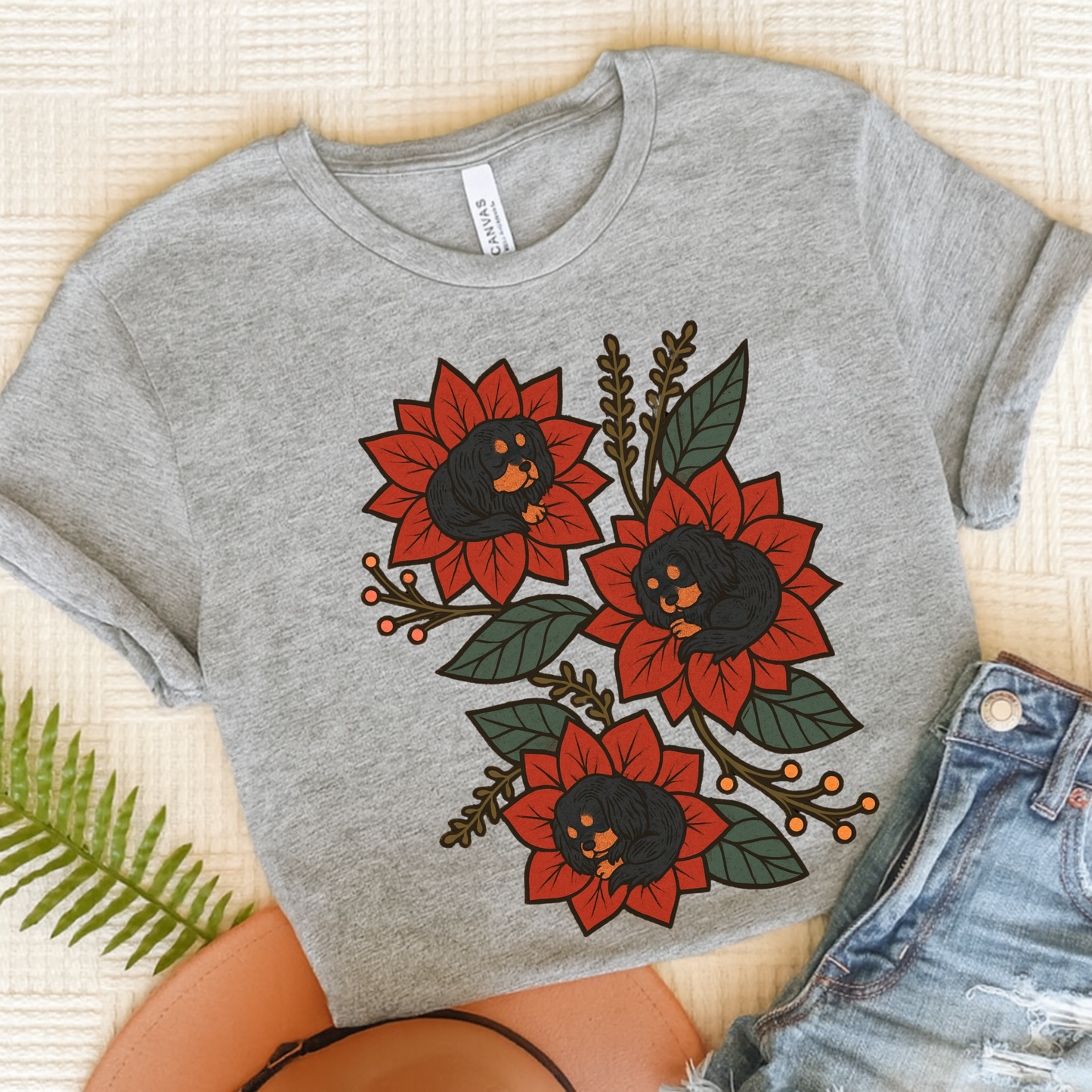 Black Tan Cavalier Holiday Flowers Sleeping TShirt Athletic Heather