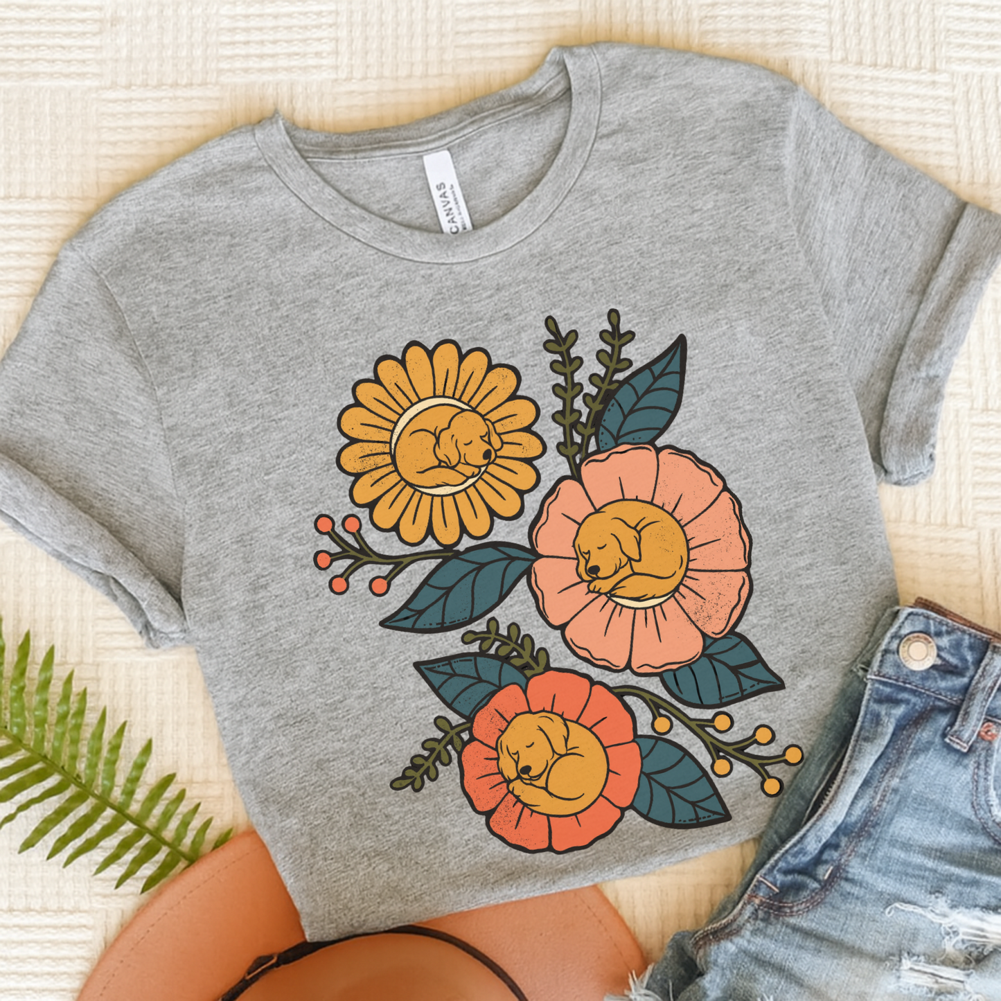 Golden Retriever Sleeping Flowers TShirt Athletic Heather