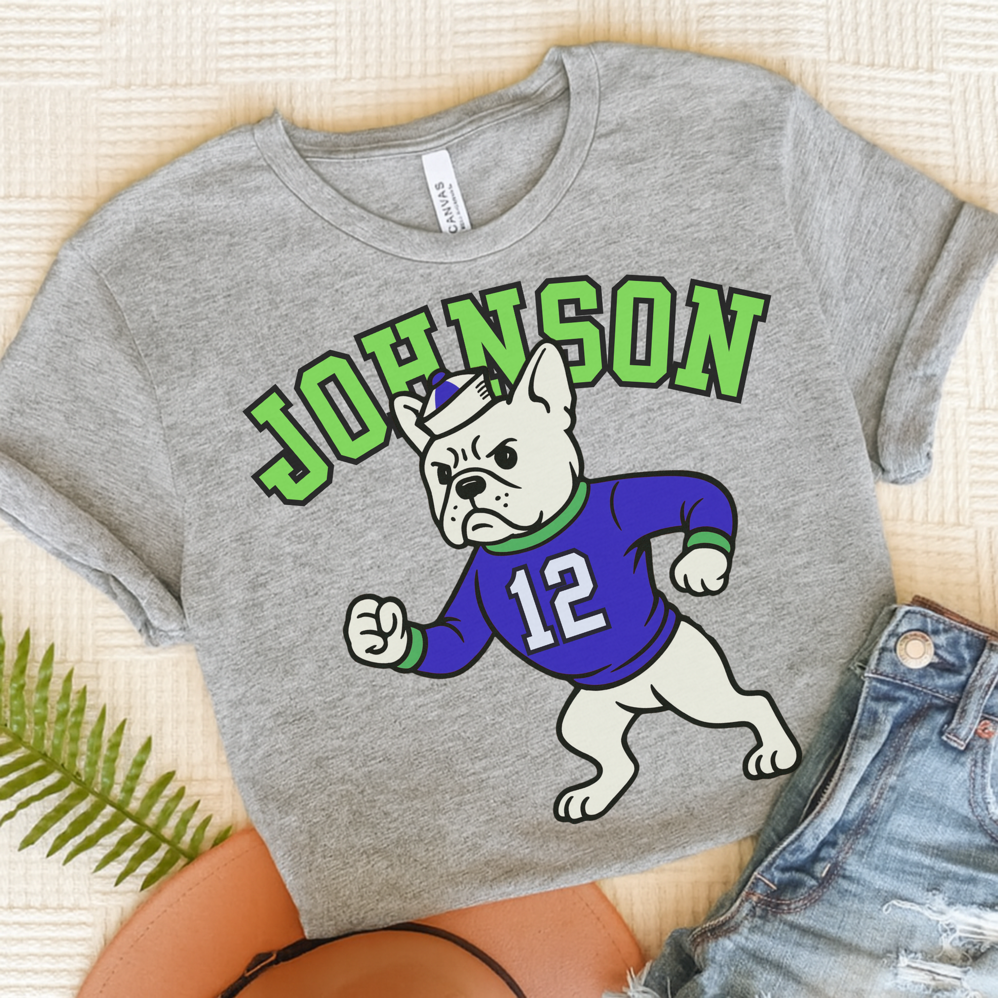 White Frenchie College Mascot TShirt Athletic Heather