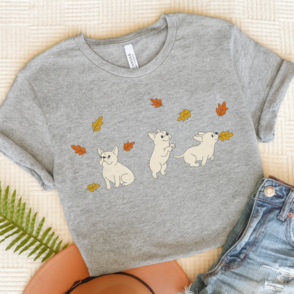 White Frenchie Chasing Leaves TShirt Athletic Heather