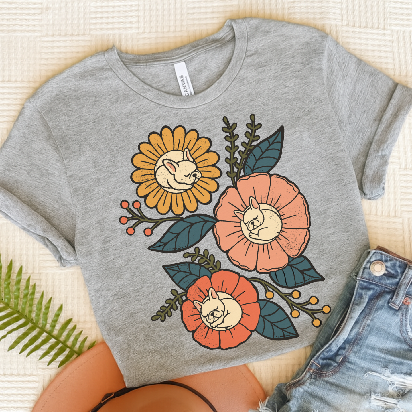 White Frenchie Sleeping Flowers TShirt Athletic Heather