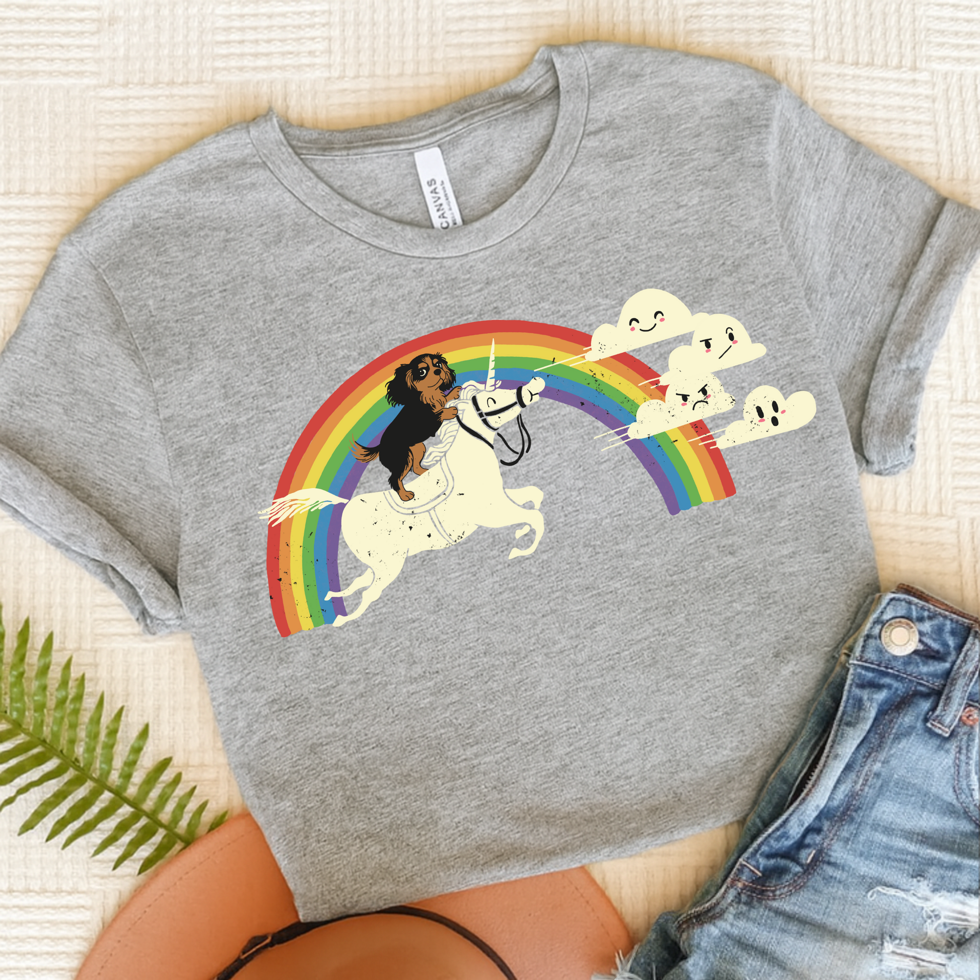 Rainbow Unicorn Black Tan Cavalier Tshirt Athletic Heather