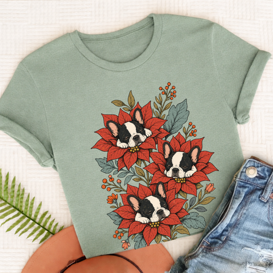 Custom Frenchie Christmas Flowers Sleeping UnisexTShirt Bay