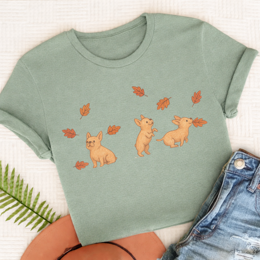 Custom Frenchie Chasing Leaves Unisex TShirt Bay