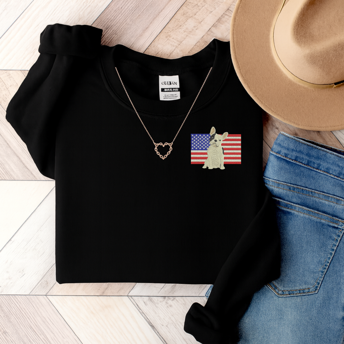 Embroidered Flag Piebald Frenchie Sweatshirt