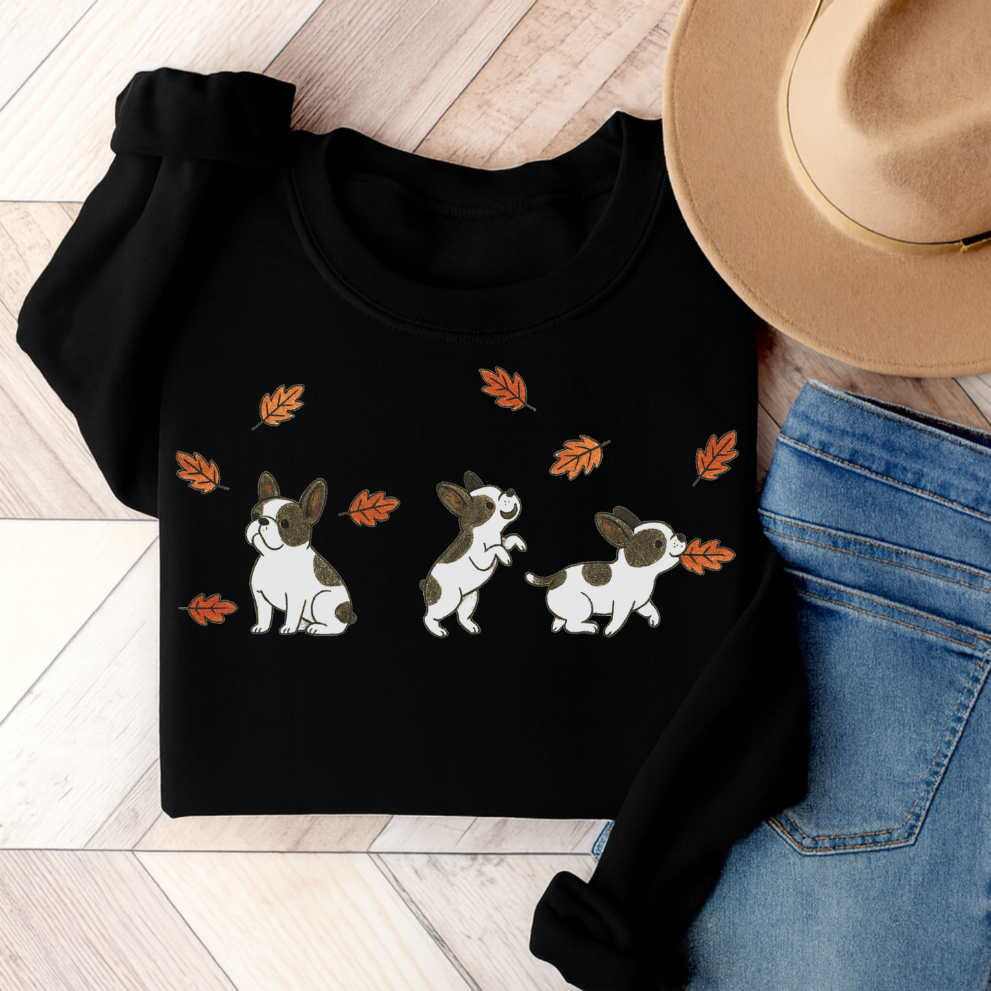Piebald Frenchie Chasing Leaves Sweatshirt Black