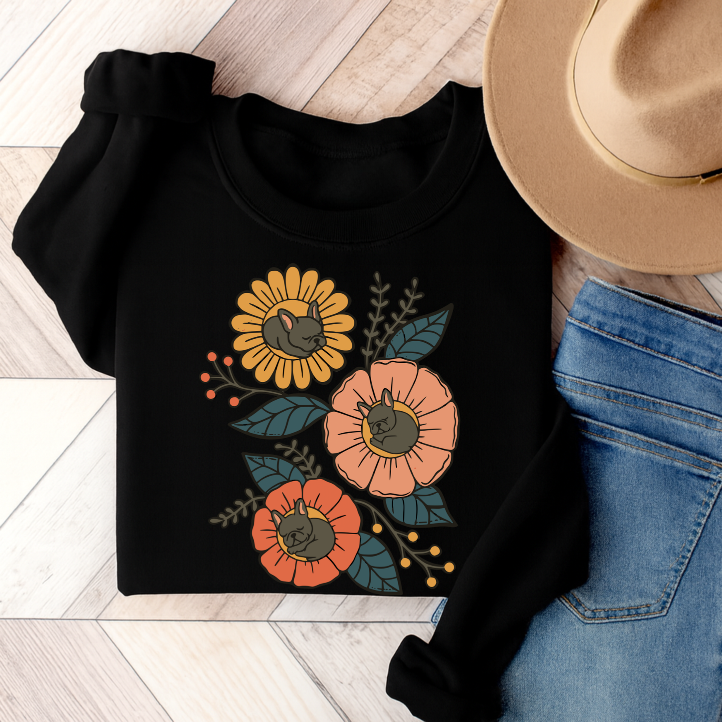 Black Frenchie Sleeping Flowers Sweatshirt Black