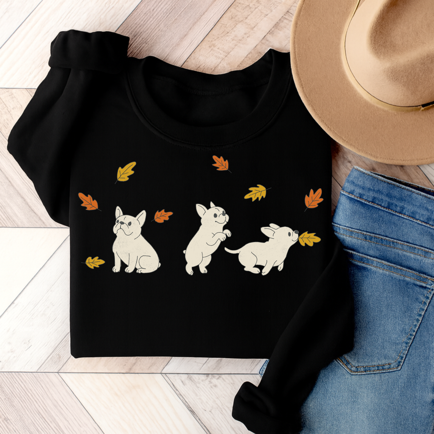 White Frenchie Chasing Leaves Sweatshirt Black