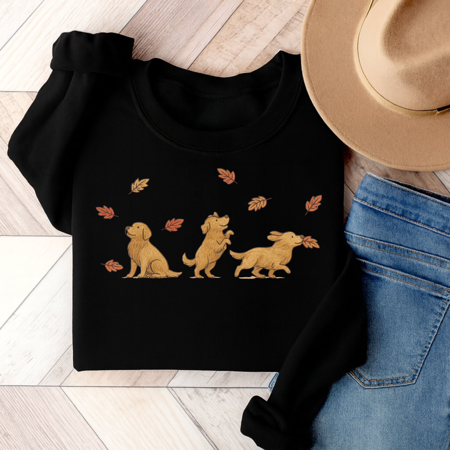 Golden Retriever Chasing Leaves Sweatshirt Black
