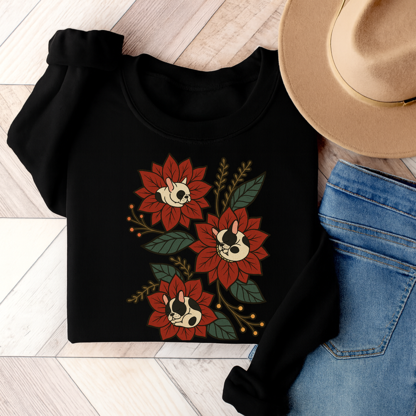 Piebald Frenchie Christmas Flower Sweatshirt Black