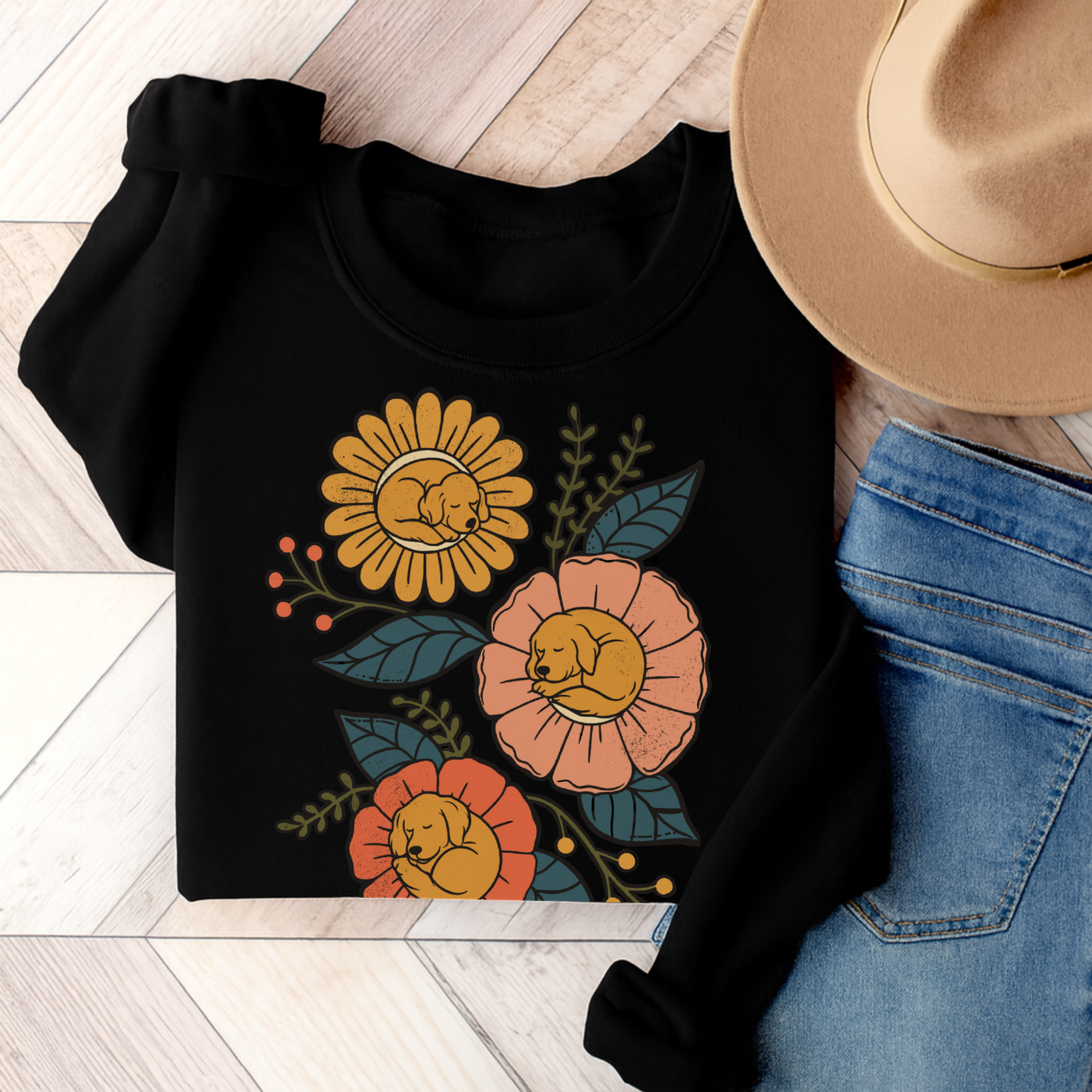 Golden Retriever Sleeping Flowers Sweatshirt Black
