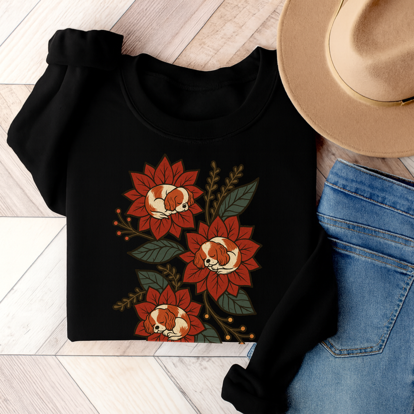 Blenheim Cavalier Christmas Flower Sweatshirt Black