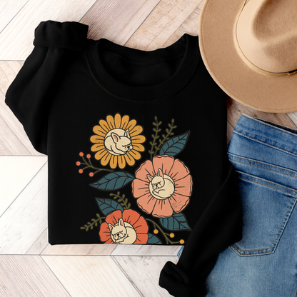 White Frenchie Sleeping Flowers Sweatshirt Black